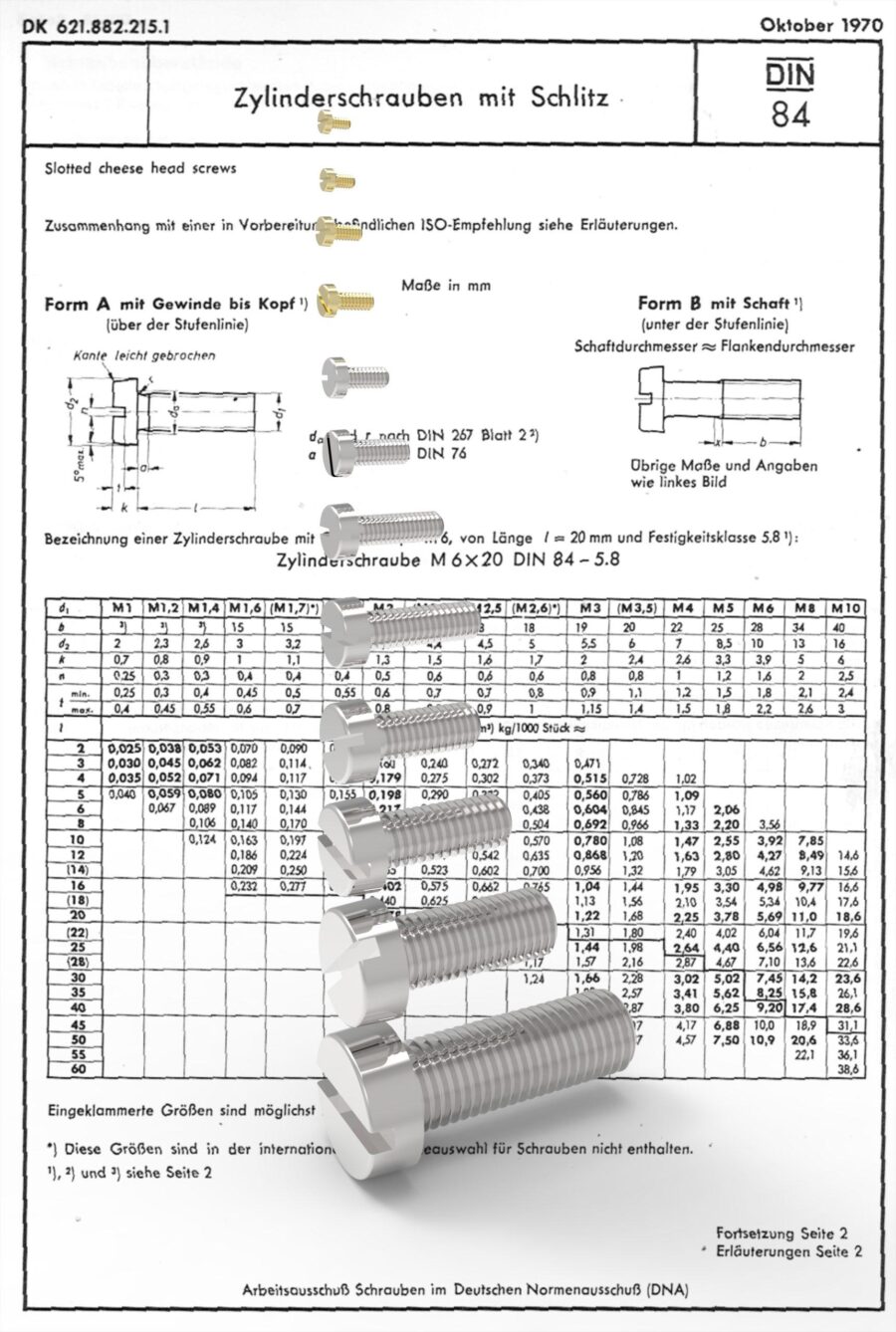 DIN 84. Винты с цилиндрическая головка прямой шлиц. 3D-модели